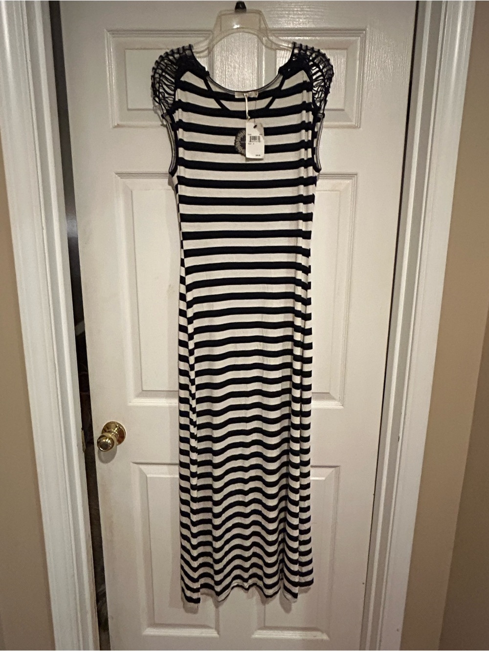 Dark navy and White Striped Maxi Dress with Crochet Shoulders
